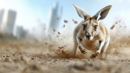 Fototapeta premium Energetic kangaroo running in dusty environment, showcasing its powerful legs and dynamic movement