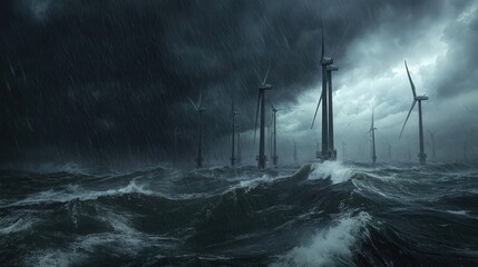 Obraz premium Dark stormy skies hovering over tall wind turbines