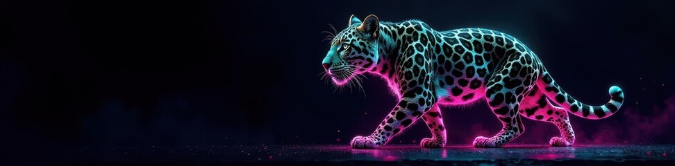 Naklejka premium Electric pink, green, & blue neon leopard; intense black background , illustration, safari