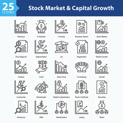 Stock Market & Capital Growth is a collection of icons in sheet format showcasing stock market activity, corporate funding, and capital growth in modern business.