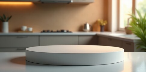 Sleek circular pedestal against softly blurred kitchen scene, blur, clean