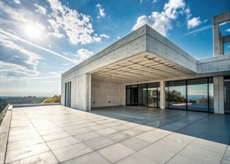 Modern concrete building, minimalist exterior, blue sky backdrop, clean architectural rendering, surreal emptiness.