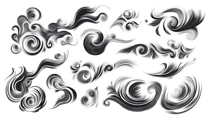 Fototapeta premium Doodle air wind motions, isolated vector set of abstract swirls, blow waves, curve spirals in black, capturing dynamic essence of movement and energy