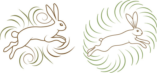 Two running rabbits with wind swirls simple outline illustration vector