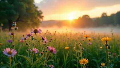 Fototapeta premium Misty meadow sunrise, wildflowers glistening with dew, botanical, spring, sunrise