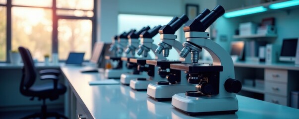 Multiple microscopes aligned on countertop, bright room, scientific tools, aligned