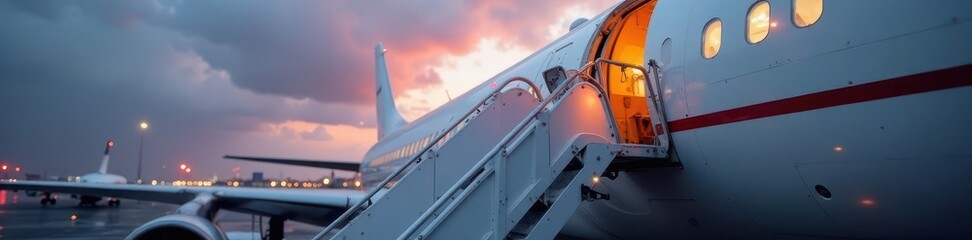 Sleek metal passenger stairs connecting to an aircraft door , boarding, metal stairs