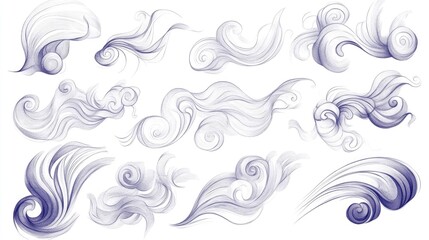 Fototapeta premium Doodle wind line sketch set, hand-drawn wind motion, air blow, swirl elements