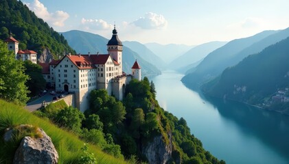 Fototapeta premium Walhalla's grandeur overlooking Danube, Donaustauf below , scenic, view