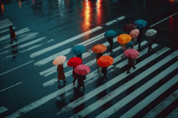 Obraz premium Urban Rain Symphony: Colorful Umbrellas in Motion