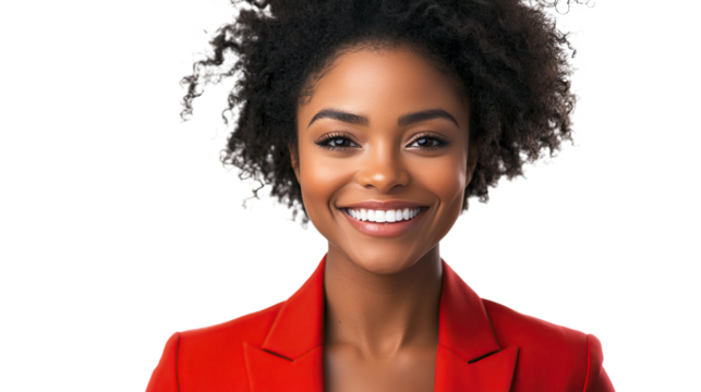 Confident businesswoman with a smile, her brunette hair framing a professional face, isolated on transparent background. PNG - Powered by Adobe