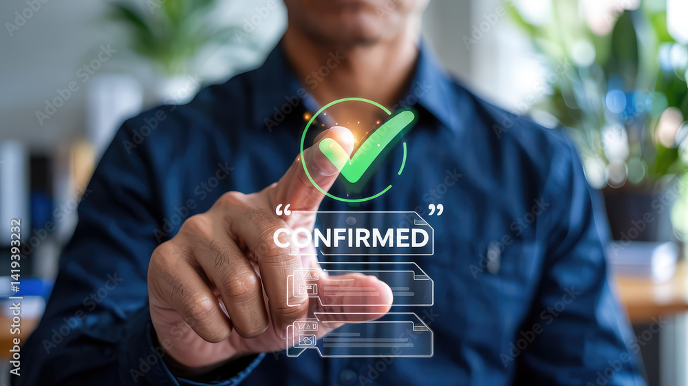 Aufkleber confirmation and security: a businessman uses a finger to confirm a transaction on a digital interfa