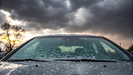 Obraz premium Rain-soaked windshield with dramatic clouds at sunset.