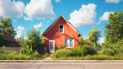 Fototapeta premium Charming Rustic Red House Surrounded by Lush Greenery and Bright Blue Skies in a Tranquil Setting
