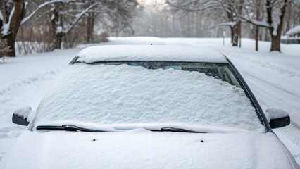 Snow-covered car on a winter road surrounded by trees.