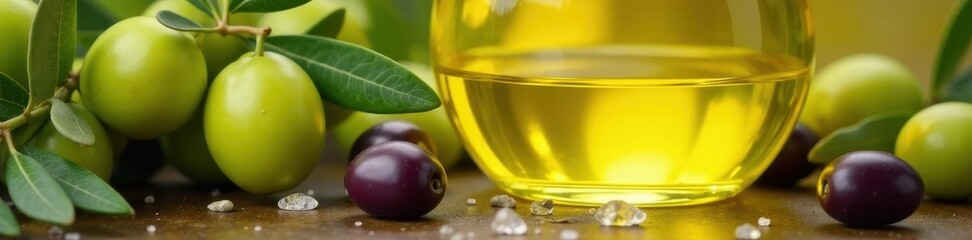 Obraz premium Freshly harvested olives surrounding virgin olive oil , healthy, natural, background