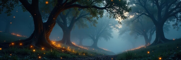Fototapeta premium Glowing fireflies illuminate ancient trees, mystical mist , bugs, enchanted