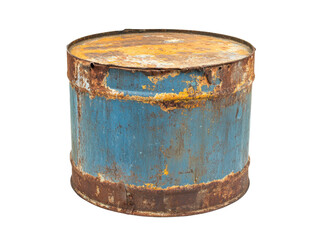 Obraz premium A Rusty Old Blue Metal Barrel Container Showing Signs of Time and Decay