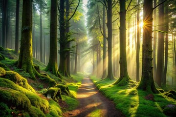 Misty forest path, silhouettes of tall trees emerge from green mossy depths.