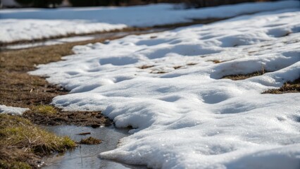 Melting snow reveals patches of grass in a tranquil outdoor scene.