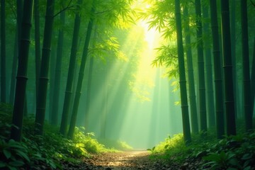 Obraz premium Misty bamboo grove, sunlight filtering through leaves, outdoor, beauty