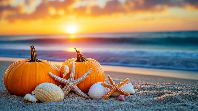 Autumn pumpkins on beach at sunset