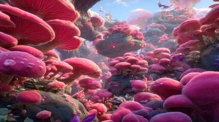 Obraz premium In a wonderland filled with enchanting mushrooms, whimsical fairy tale designs come to life