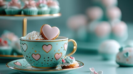 Cute core, pastel and decorative concept.  A charming turquoise tea cup adorned with heart patterns, filled with sweets, sits beside a tiered stand of pastel cupcakes.