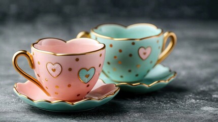 Fototapeta premium Cute core, pastel and decorative concept. Two charming heart-shaped teacups, one pink and one blue, adorned with polka dots and gold accents, resting on matching saucers.