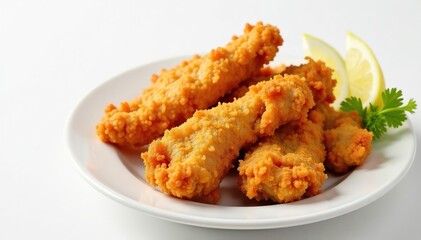 Close-up of crispy fried chicken strips on white , eat, portion, fresh