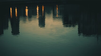 Urban reflections on still water at twilight.