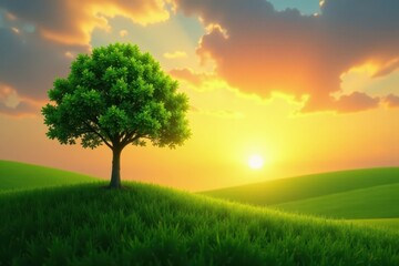 Obraz premium Small tree emerging at dawn, vibrant green background, Earth Day theme , growth, hope, spring