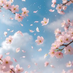 Soft, serene springtime background with gentle, feathery clouds drifting across a brilliant blue sky. Delicate, pale pink cherry blossom flowers are scattered throughout the scene.