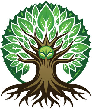  A mascot logo featuring a wise and ancient looking stylized tree with deep roots, representing growth, stability, and wisdom for a long standing business 
