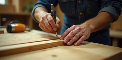 Focused hands gluing wooden bars, carpentry workshop, workshop, production