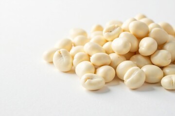 Pile of white beans against pure white backdrop,  close-up,  top view, white beans