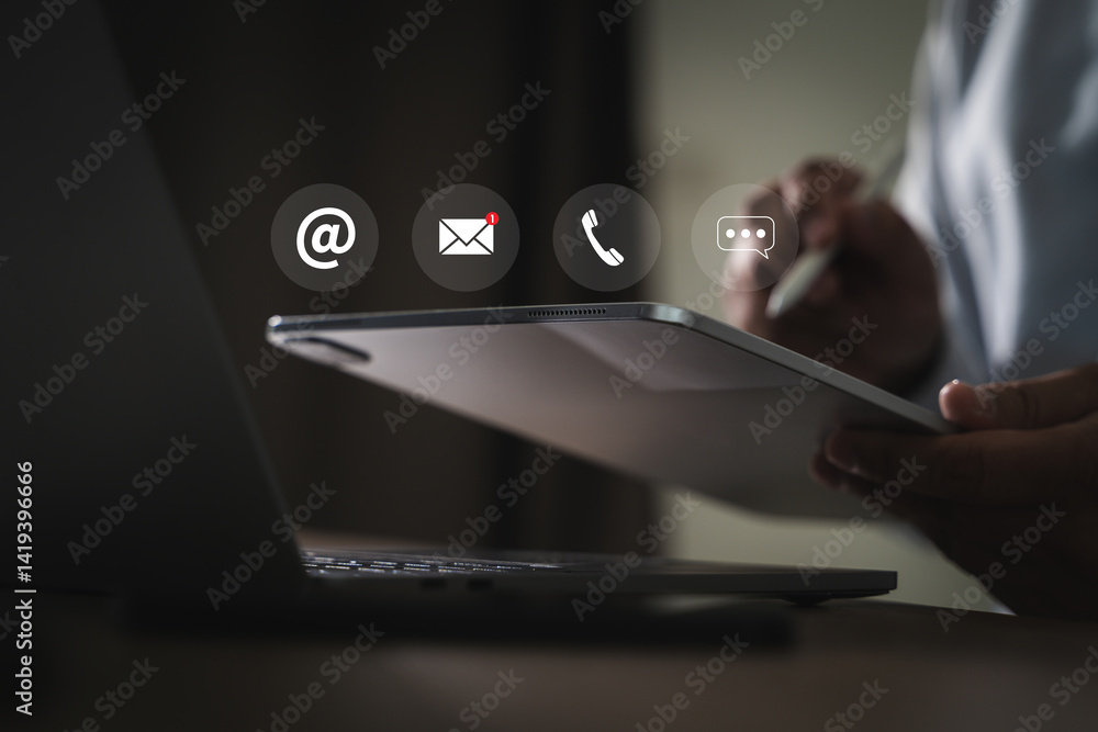 Poster contact us man searching web, browsing get in touch via mobile, email, or chat. our smart support ag