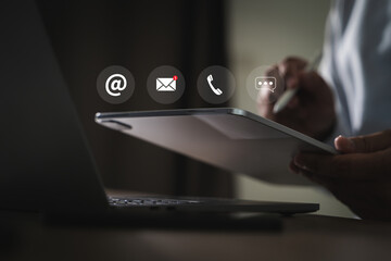 CONTACT US man searching web, browsing get in touch via mobile, email, or chat. Our smart support...