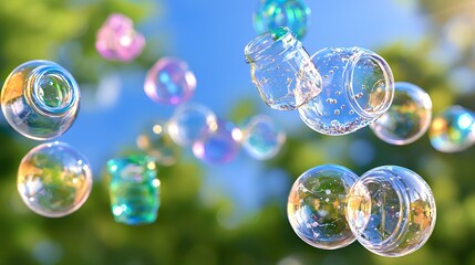 Colorful soap bubbles in flight against a blue sky