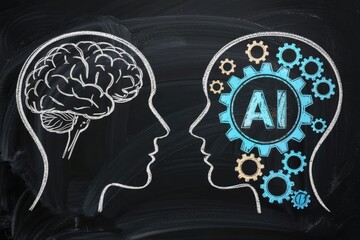 Chalk drawing of human brain and AI interface on a blackboard.