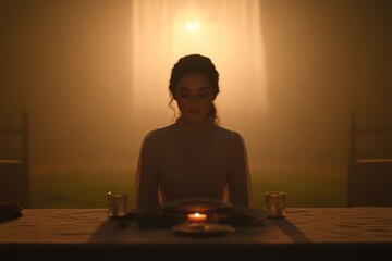 Woman sits solemnly at a dimly lit table