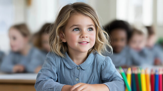 Little girl with blond hair wearing a blue shirt, sitting at a desk and smiling during an art class with colored pencils