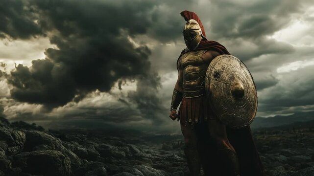 Epic warrior standing guard on rugged landscape under stormy clouds backdrop