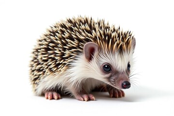 Fototapeta premium Tiny hedgehog isolated on pure white background, curled in a ball , resting, element