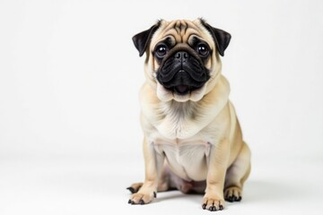 Fototapeta premium Adorable pug dog sits alone against white background, portrait, dog breed