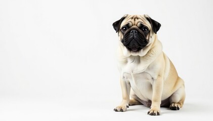 Obraz premium Adorable pug dog sits alone against white background, loyal, expression, adorable