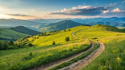 Obraz premium A winding mountain road cuts through a green summer landscape with a vast sky and distant hills