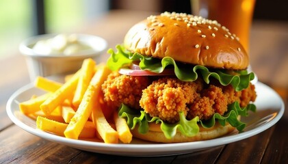 Crispy chicken sandwich, golden fries, dipping sauce on white , bread, delicious