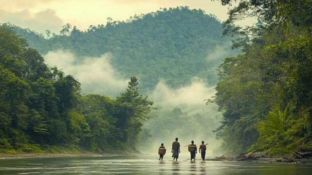Peaceful Journey: Indigenous Community Crossing a Verdant Rainforest River