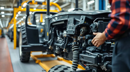 Fototapeta premium Tractor production Assembly line inside an agricultural machinery factory Installing parts on the tractor body